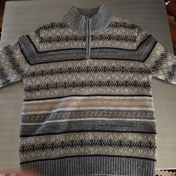 Sundance 100% Lambswool Knit 1/4 Zip Fair Isle Nordic Sweater Gray Tan Black L - Picture 2 of 13